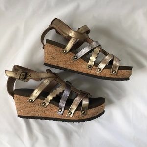 OTBT Sandals Metallic Gold and Silver with Cork Heel Size 7.5